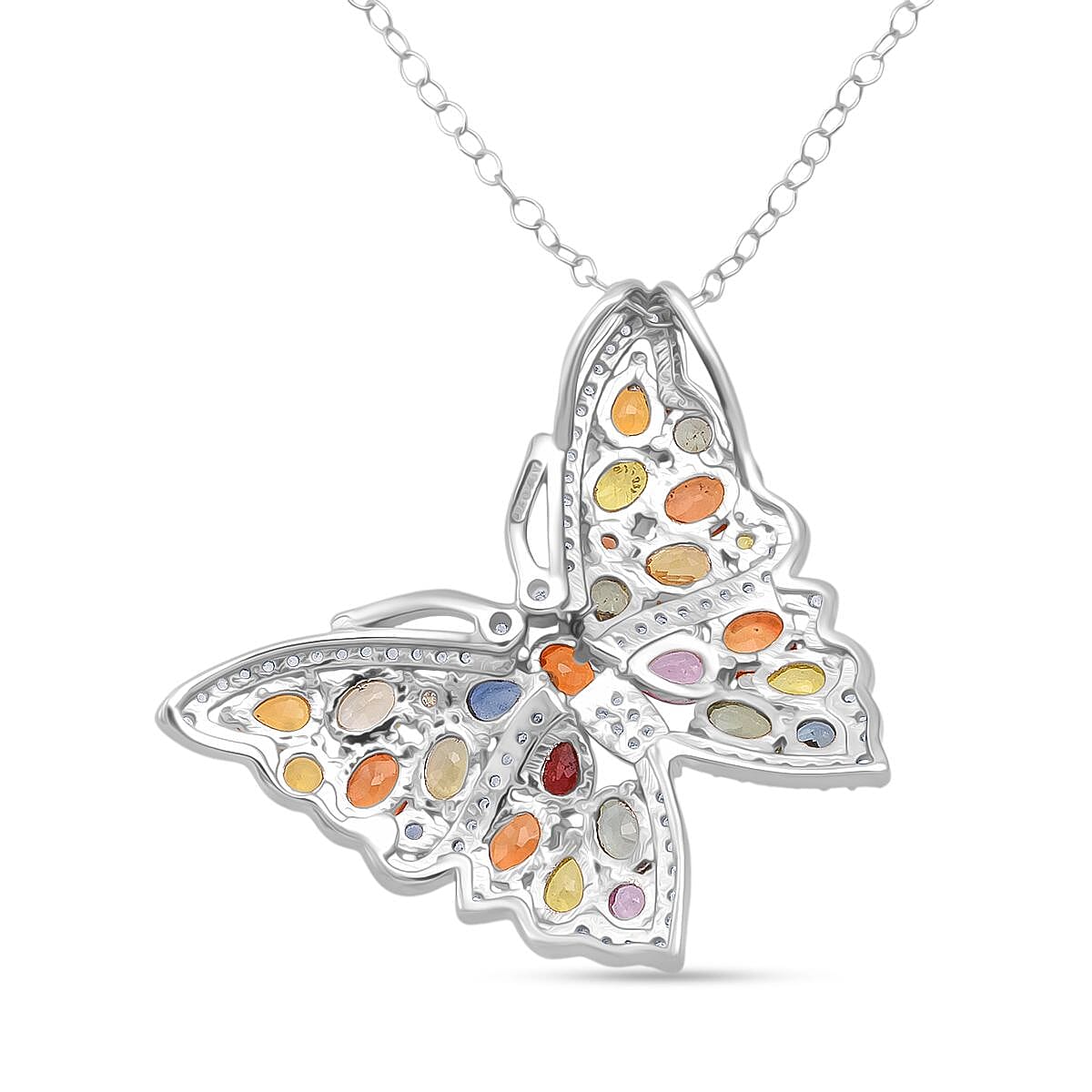 Rainbow Sapphire & White Zircon Pendant with Chain (Size 20) in Rhodium Overlay Sterling Silver 5.60 Ct.