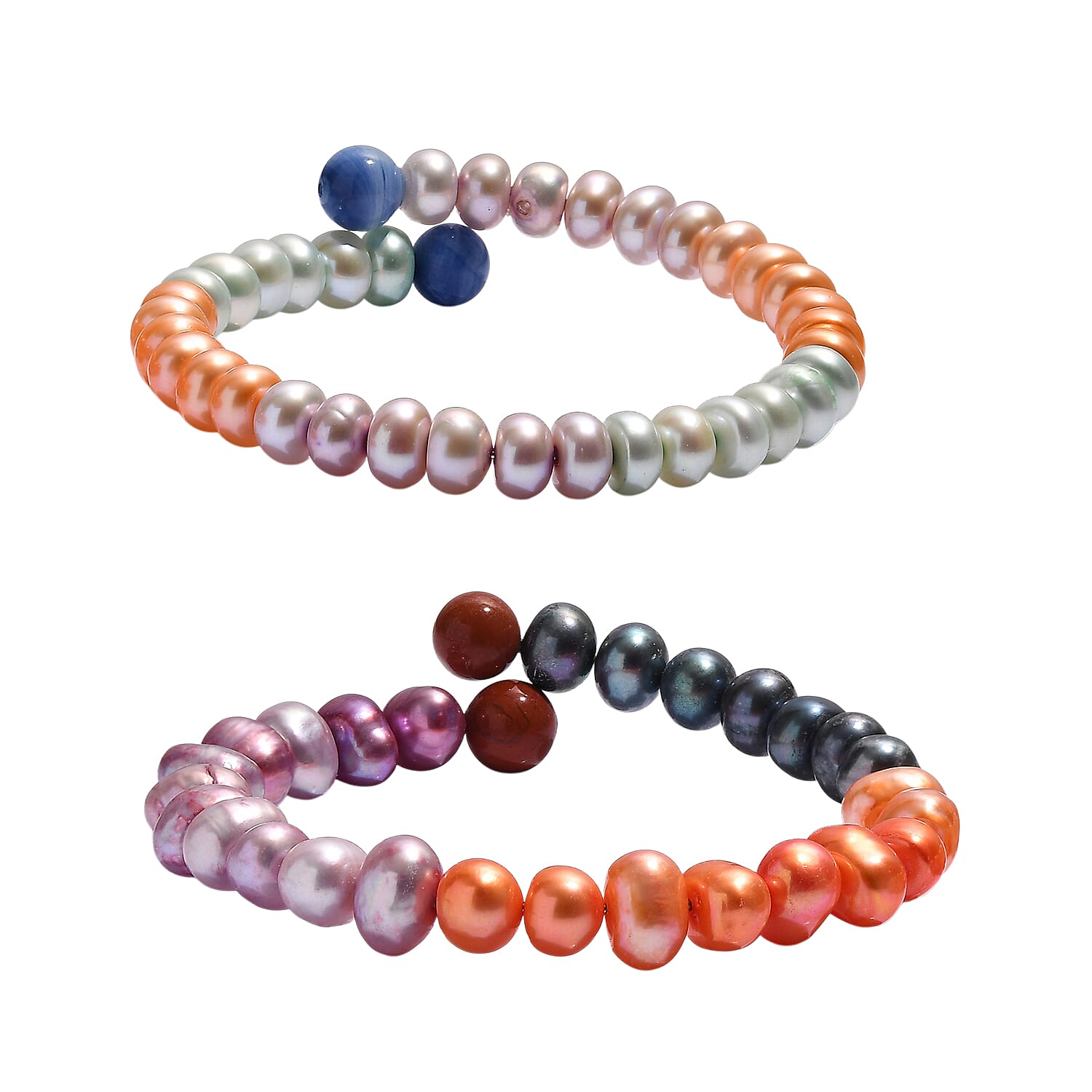 Set of 2 - Multi Color Pearl & Multi Color Agate Adjustable Bangle 145.00 Ct.