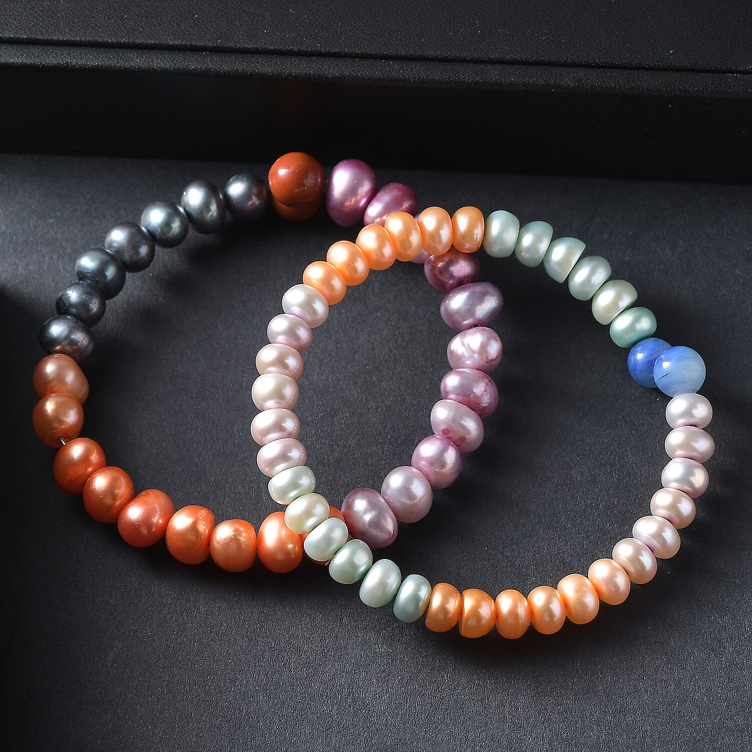 Set of 2 - Multi Color Pearl & Multi Color Agate Adjustable Bangle 145.00 Ct.