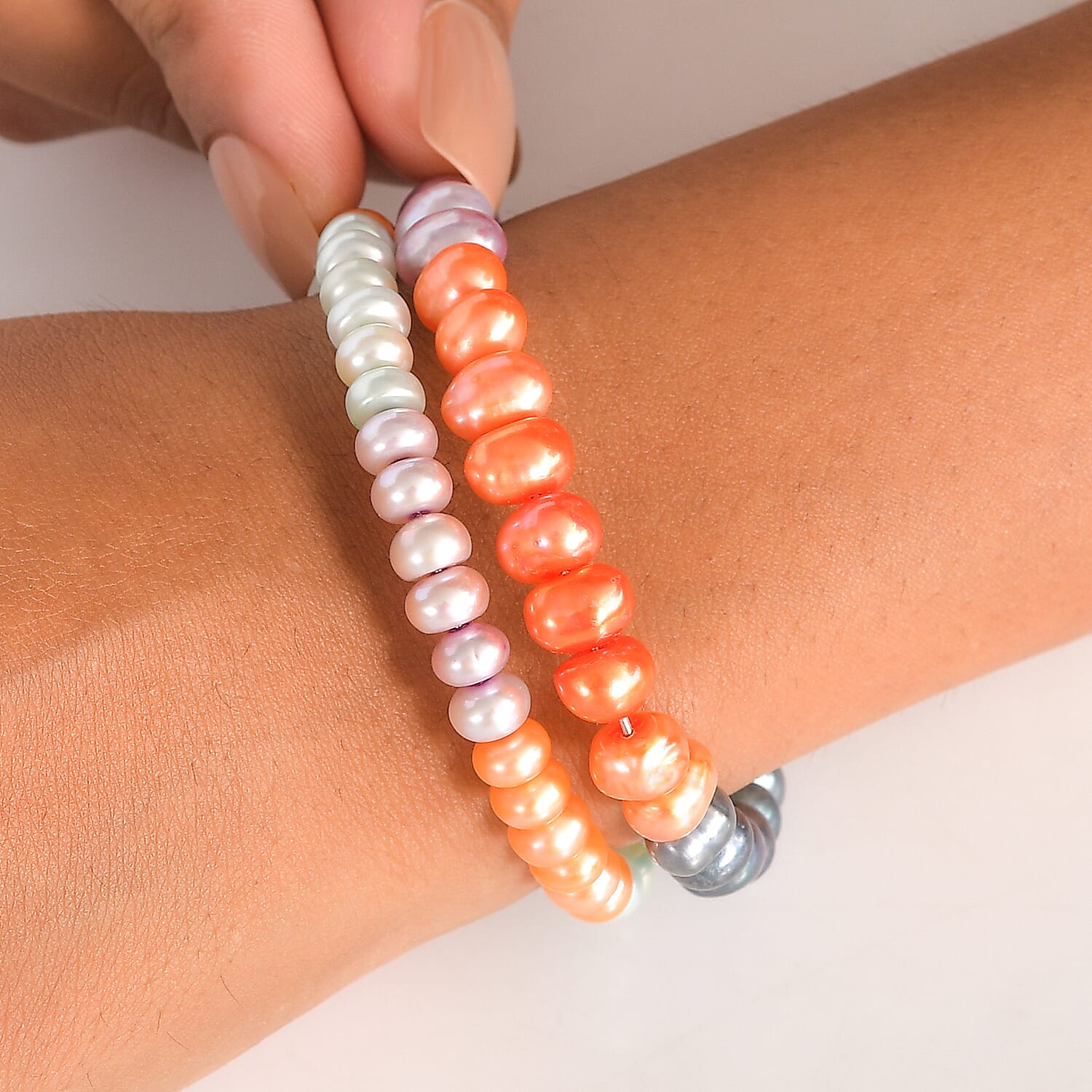 Set of 2 - Multi Color Pearl & Multi Color Agate Adjustable Bangle 145.00 Ct.