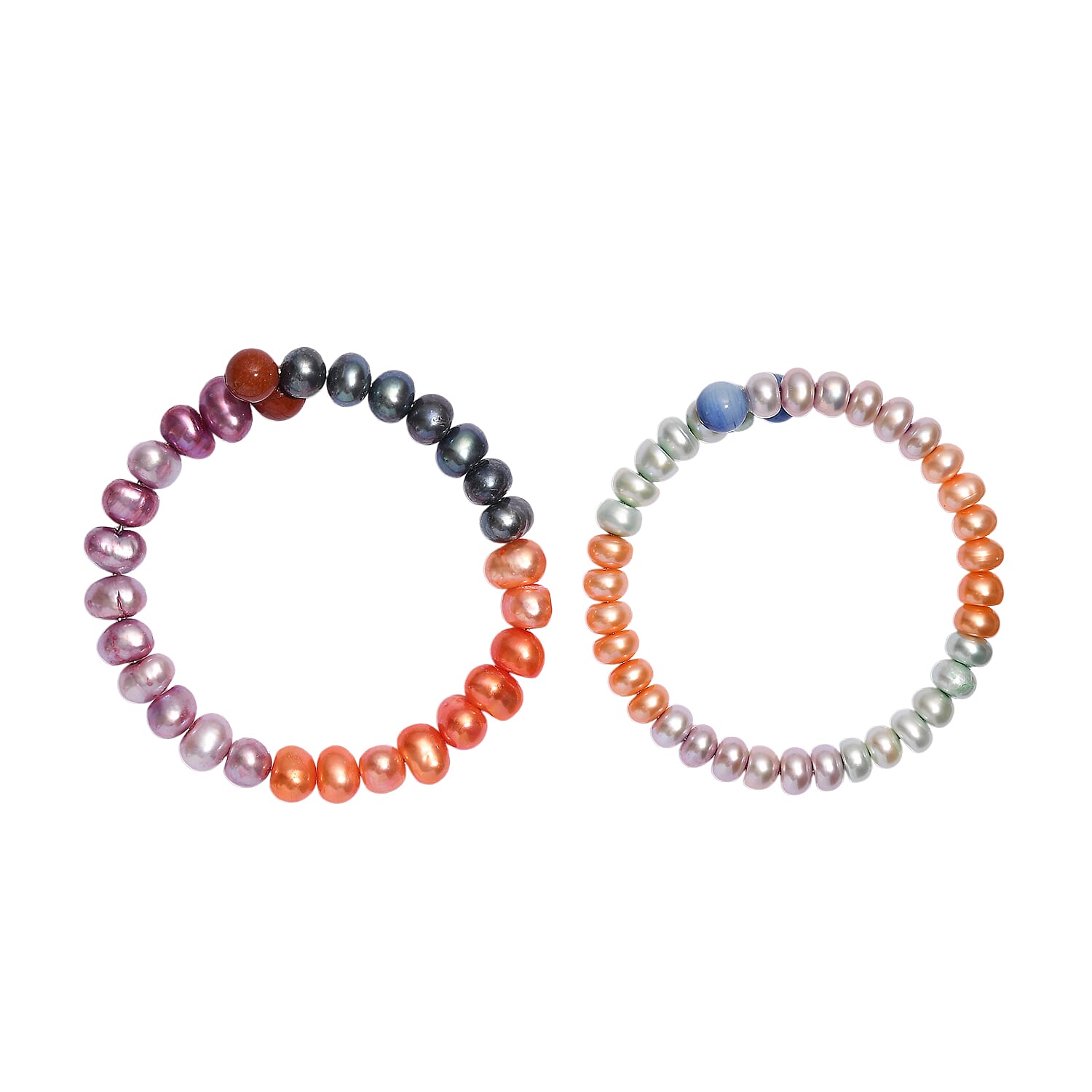 Set of 2 - Multi Color Pearl & Multi Color Agate Adjustable Bangle 145.00 Ct.