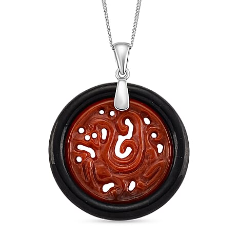 D'Joy Enhanced Red Jade & Dyed Black Jade Dragon Pendant with Chain (Size 18) in Rhodium Overlay Sterling Silver 36.47 Ct.