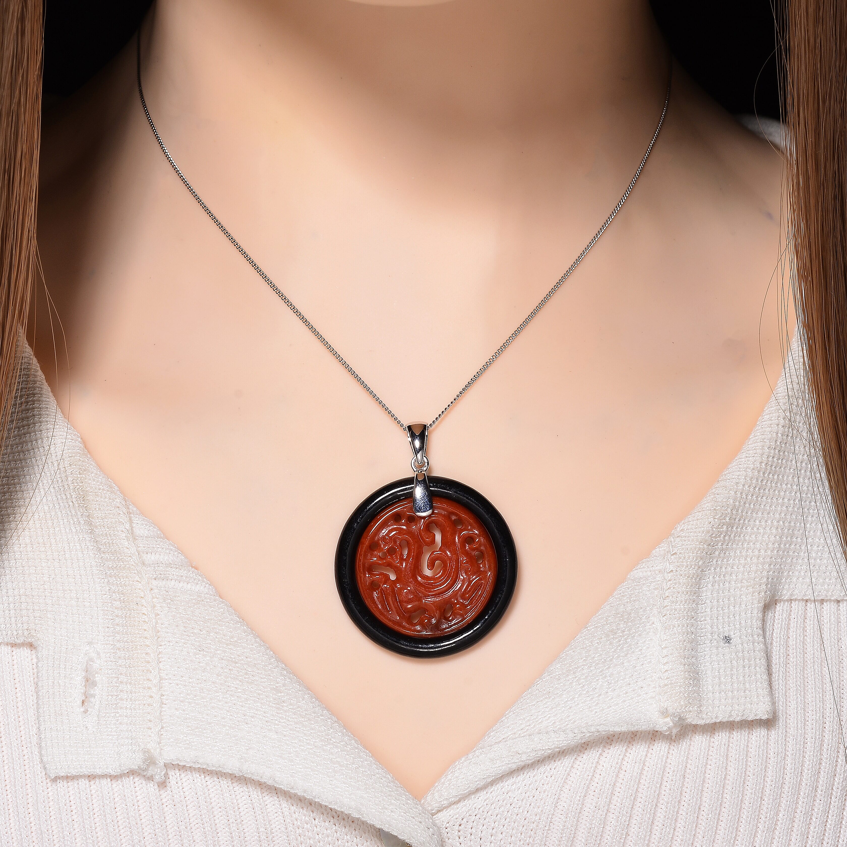 D'Joy Enhanced Red Jade & Dyed Black Jade Dragon Pendant with Chain (Size 18) in Rhodium Overlay Sterling Silver 36.47 Ct.
