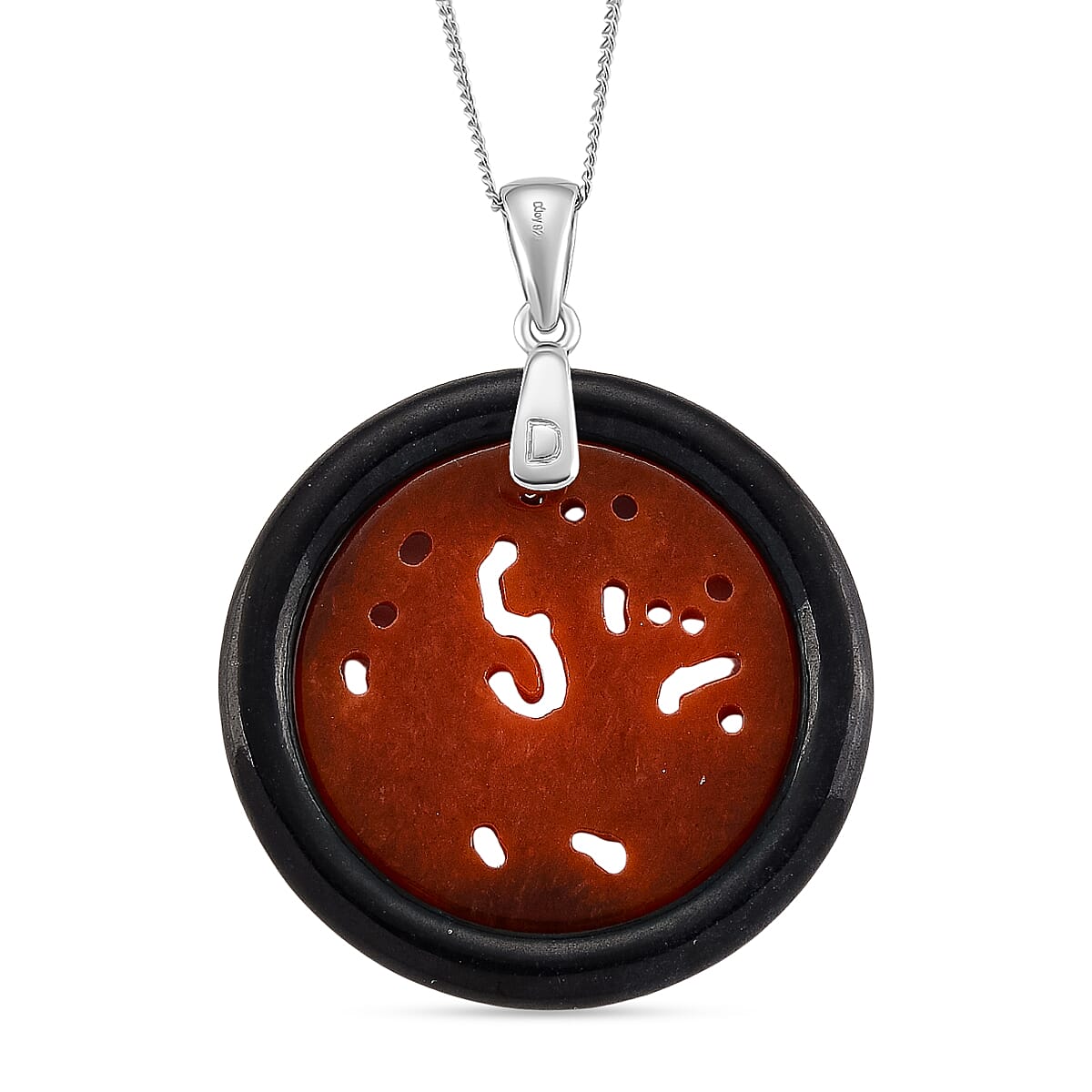 D'Joy Enhanced Red Jade & Dyed Black Jade Dragon Pendant with Chain (Size 18) in Rhodium Overlay Sterling Silver 36.47 Ct.