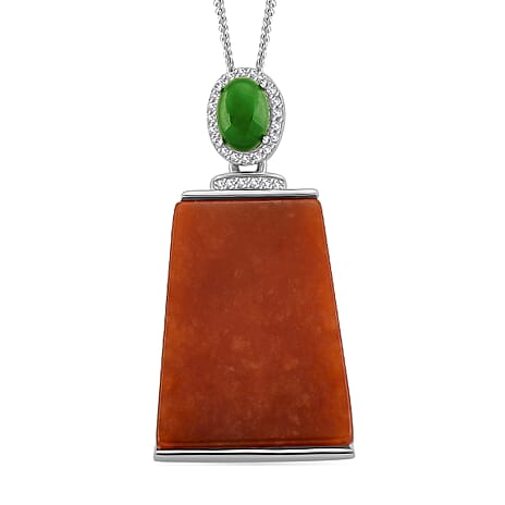 D'Joy Enhanced Red Jade, Dyed Green Jade & White Zircon Pendant with Chain (Size 18) in Rhodium Overlay Sterling Silver 19.35 Ct.
