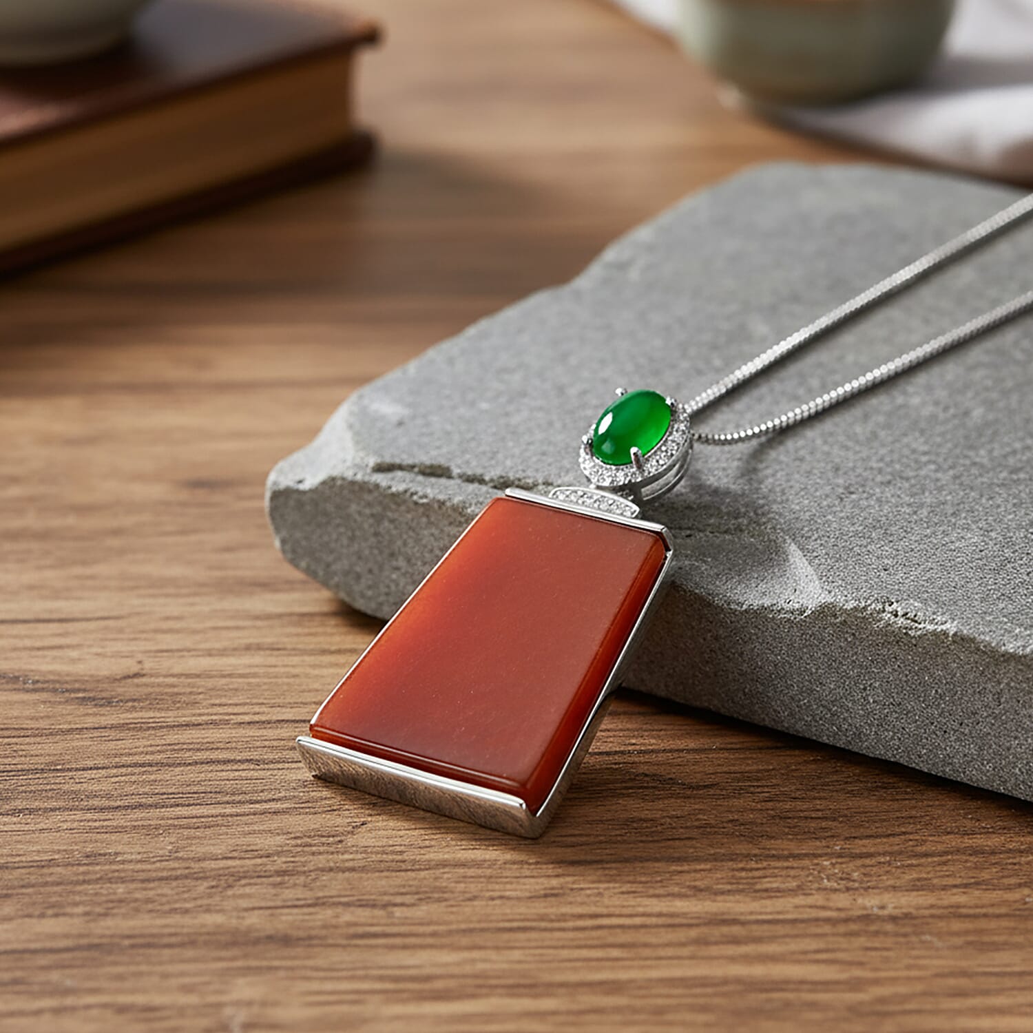 D'Joy Enhanced Red Jade, Dyed Green Jade & White Zircon Pendant with Chain (Size 18) in Rhodium Overlay Sterling Silver 19.35 Ct.