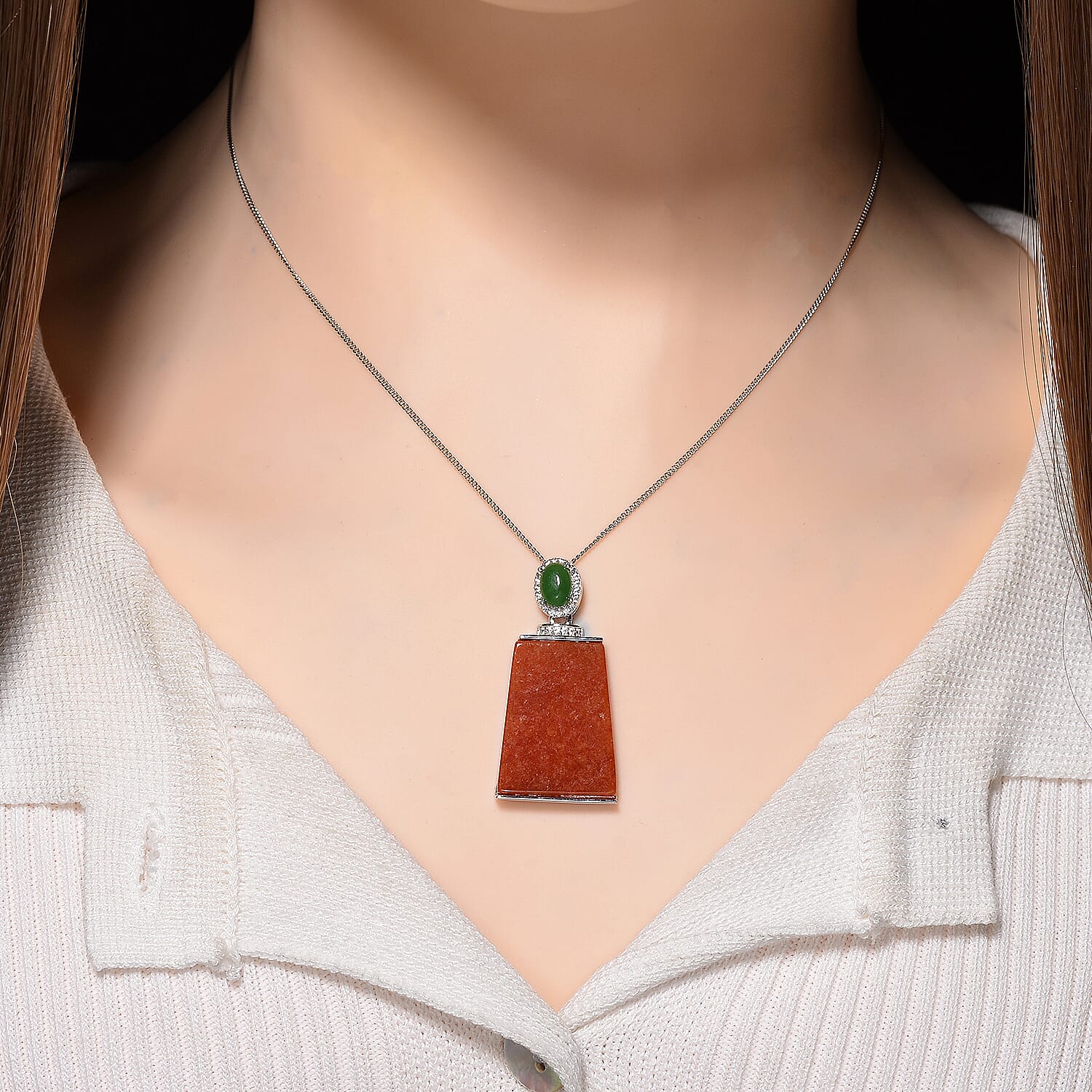 D'Joy Enhanced Red Jade, Dyed Green Jade & White Zircon Pendant with Chain (Size 18) in Rhodium Overlay Sterling Silver 19.35 Ct.