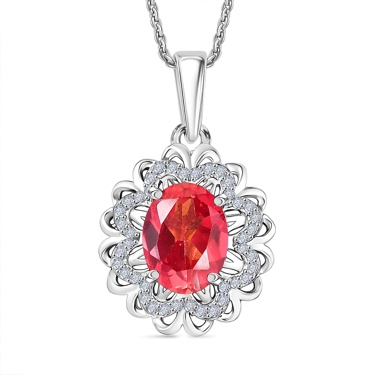 D'Joy Lab Grown Padparadscha Sapphire & White Zircon Pendant with Chain (Size 20) in Platinum Overlay Sterling Silver 4.62 Ct.
