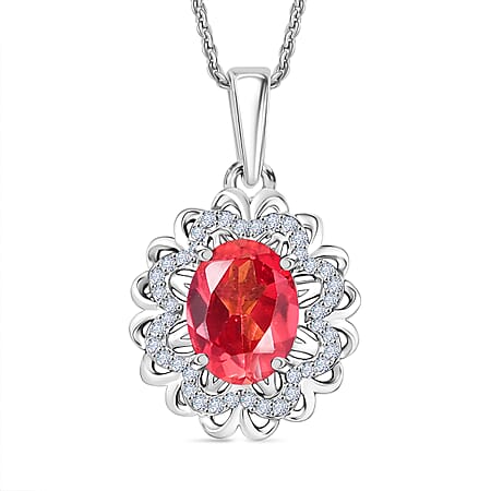 D'Joy Lab Grown Padparadscha Sapphire, White Zircon Pendant with Chain (Size 20) in Platinum Overlay Sterling Silver 2.86 Ct.