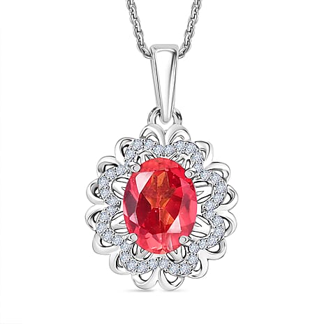 D'Joy Lab Grown Padparadscha Sapphire & White Zircon Pendant with Chain (Size 20) in Platinum Overlay Sterling Silver 4.62 Ct.