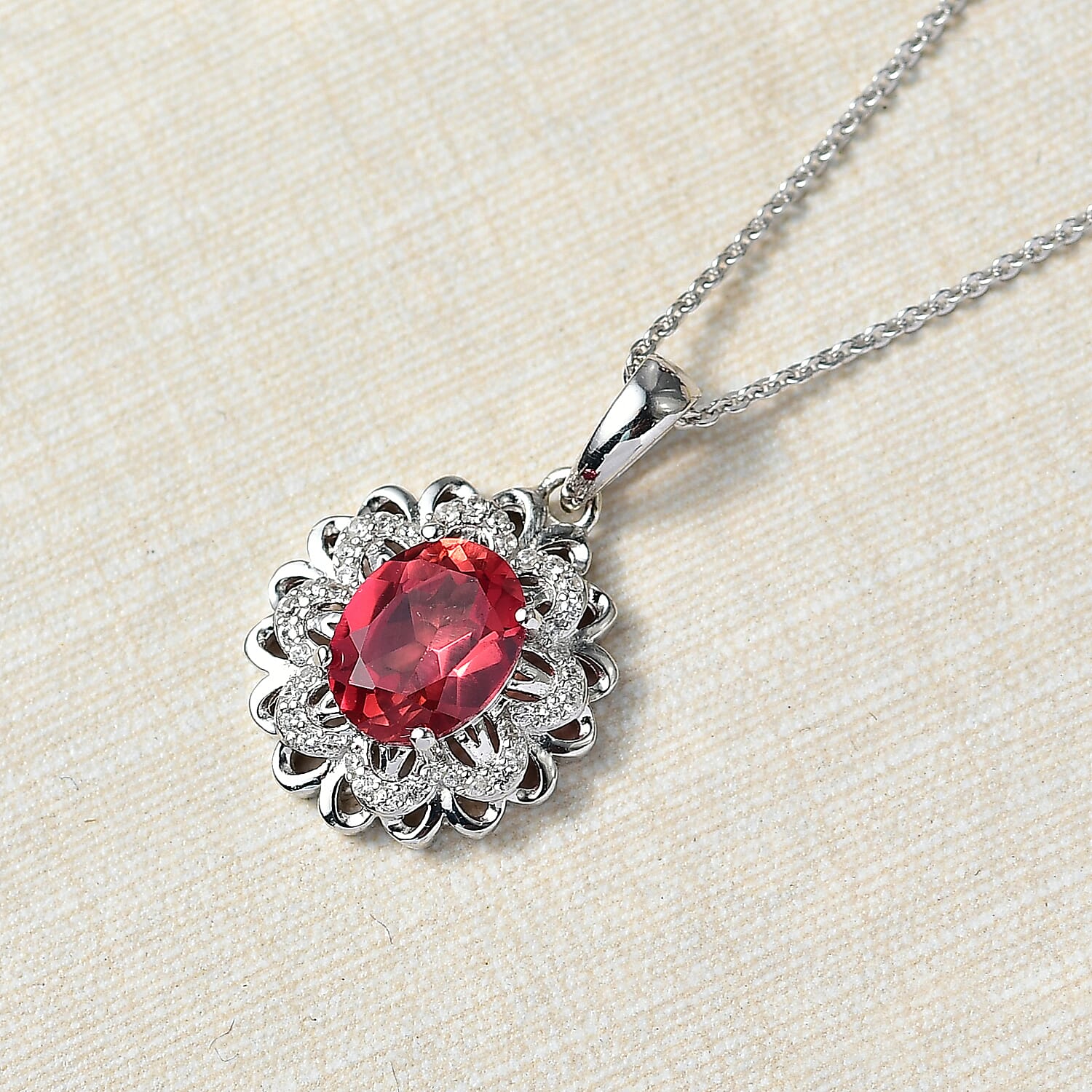 D'Joy Lab Grown Padparadscha Sapphire & White Zircon Pendant with Chain (Size 20) in Platinum Overlay Sterling Silver 4.62 Ct.