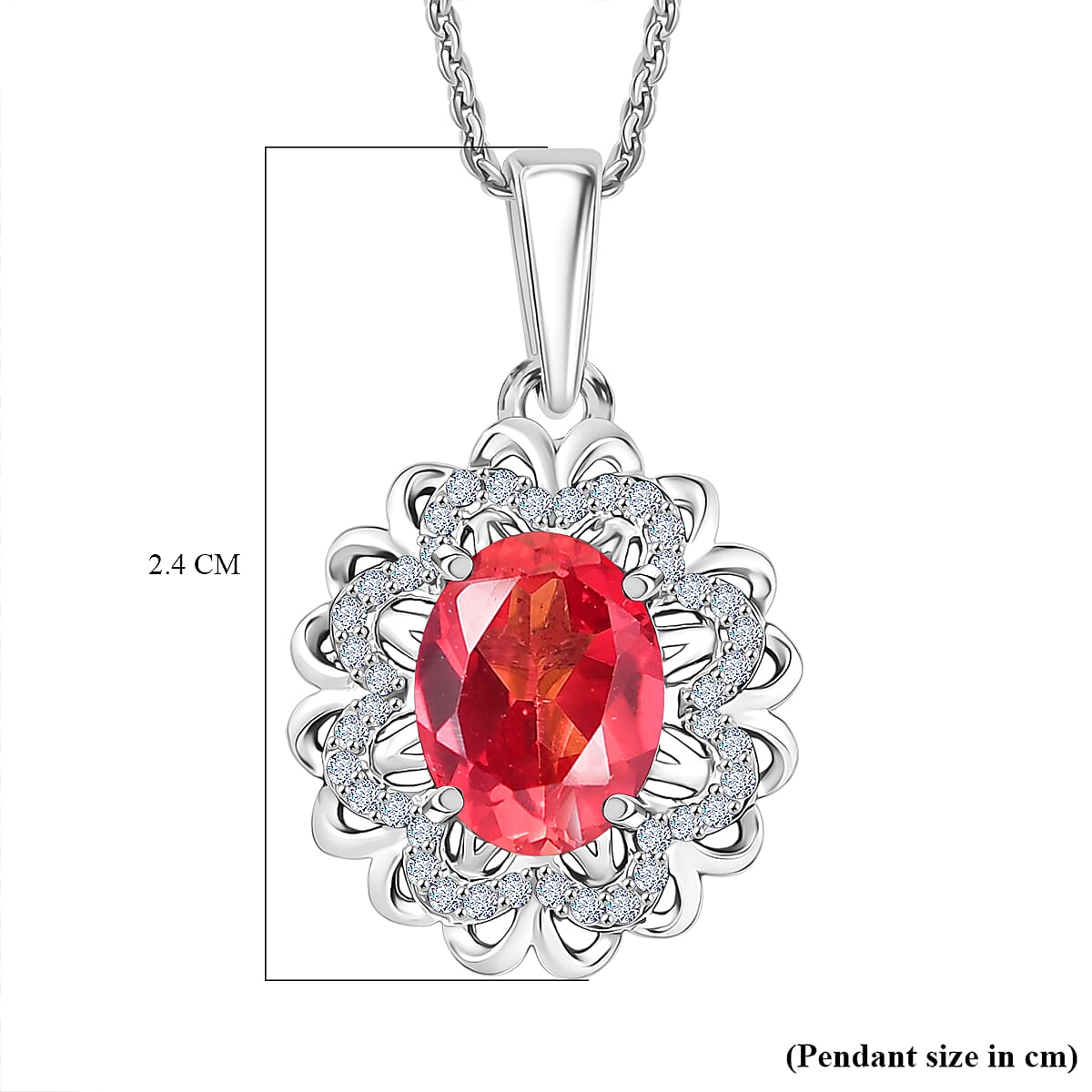 D'Joy Lab Grown Padparadscha Sapphire & White Zircon Pendant with Chain (Size 20) in Platinum Overlay Sterling Silver 4.62 Ct.