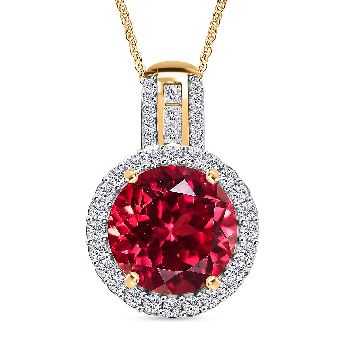 D'Joy Lab Grown Padparadscha Sapphire & Moissanite Pendant with Chain (Size 20) in 18K Vermeil Yellow Gold Plated Sterling Silver 10.10 Ct, Silver Wt. 5.38 Gms.