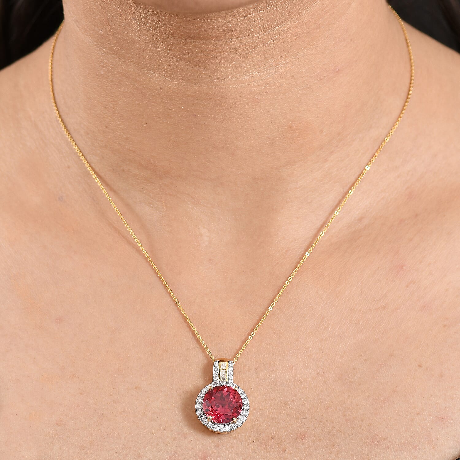 D'Joy Lab Grown Padparadscha Sapphire & Moissanite Pendant with Chain (Size 20) in 18K Vermeil Yellow Gold Plated Sterling Silver 10.10 Ct, Silver Wt. 5.38 Gms.