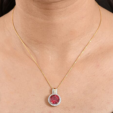 D'Joy Lab Grown Padparadscha Sapphire & Moissanite Pendant with Chain (Size 20) in 18K Vermeil Yellow Gold Plated Sterling Silver 10.10 Ct, Silver Wt. 5.38 Gms.