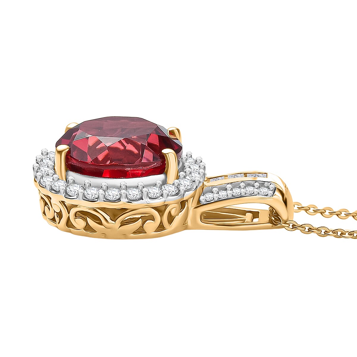 D'Joy Lab Grown Padparadscha Sapphire & Moissanite Pendant with Chain (Size 20) in 18K Vermeil Yellow Gold Plated Sterling Silver 10.10 Ct, Silver Wt. 5.38 Gms.