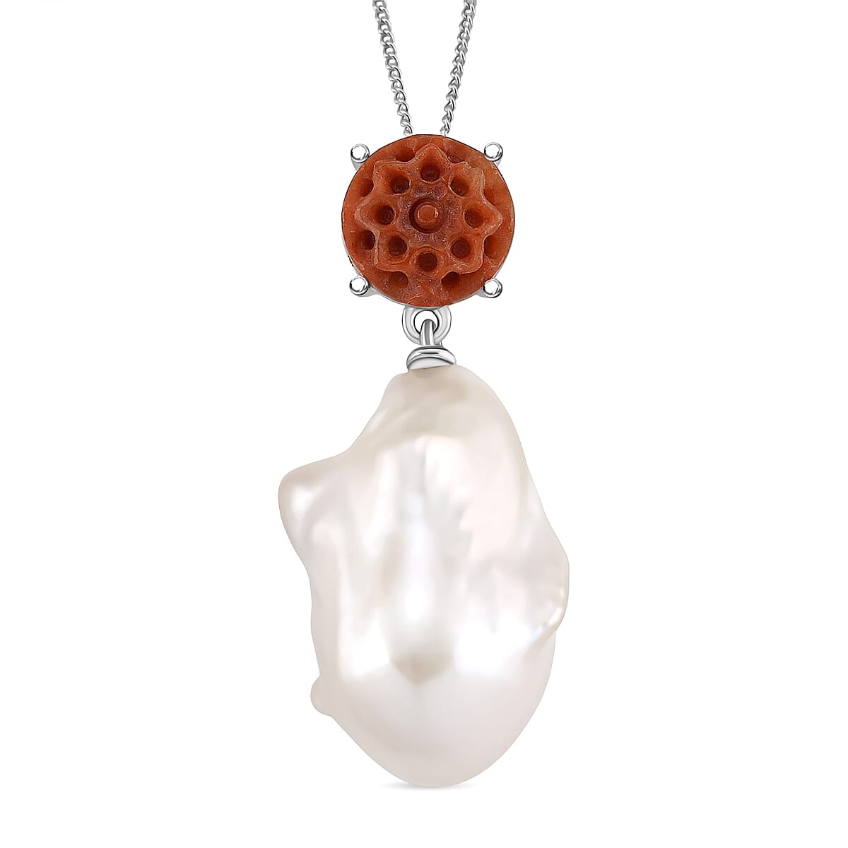 D'Joy Enhanced Red Jade & White Baroque Pearl Pendant with Chain (Size 18) in Rhodium Overlay Sterling Silver 46.33 Ct.