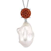 D'Joy Enhanced Red Jade & White Baroque Pearl Pendant with Chain (Size 18) in Rhodium Overlay Sterling Silver 46.33 Ct.