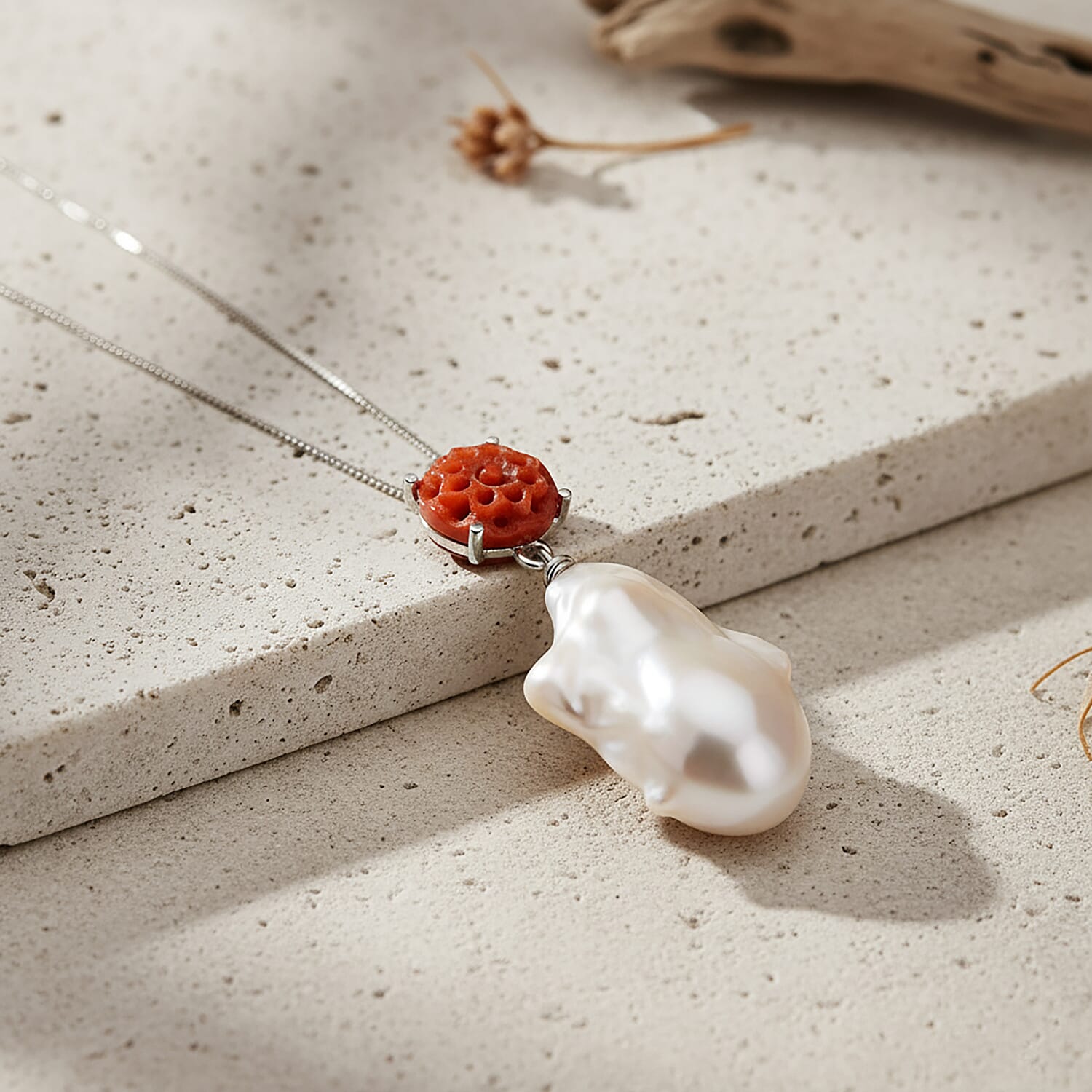 D'Joy Enhanced Red Jade & White Baroque Pearl Pendant with Chain (Size 18) in Rhodium Overlay Sterling Silver 46.33 Ct.