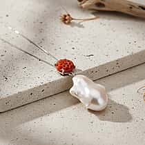 D'Joy Enhanced Red Jade & White Baroque Pearl Pendant with Chain (Size 18) in Rhodium Overlay Sterling Silver 46.33 Ct.