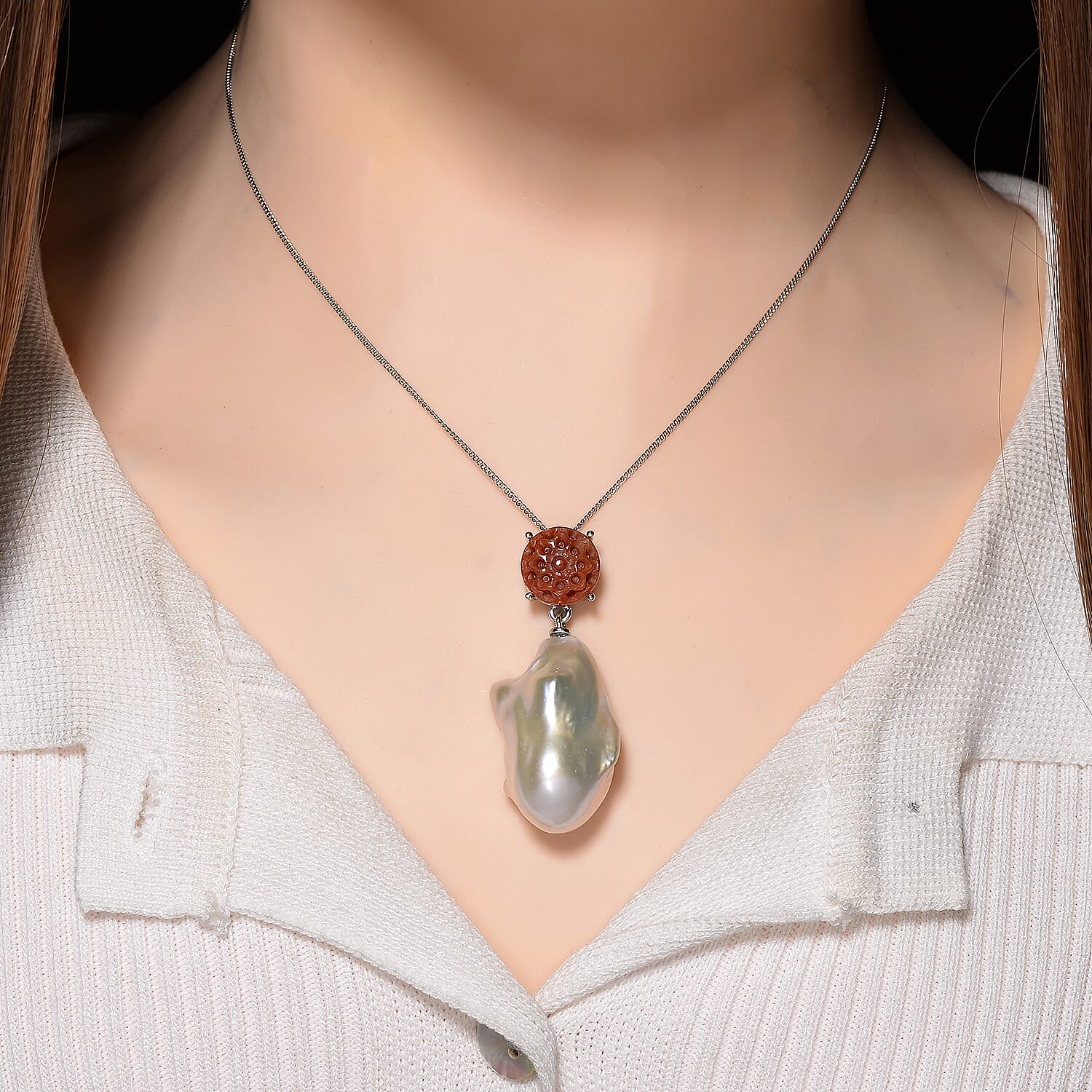 D'Joy Enhanced Red Jade & White Baroque Pearl Pendant with Chain (Size 18) in Rhodium Overlay Sterling Silver 46.33 Ct.