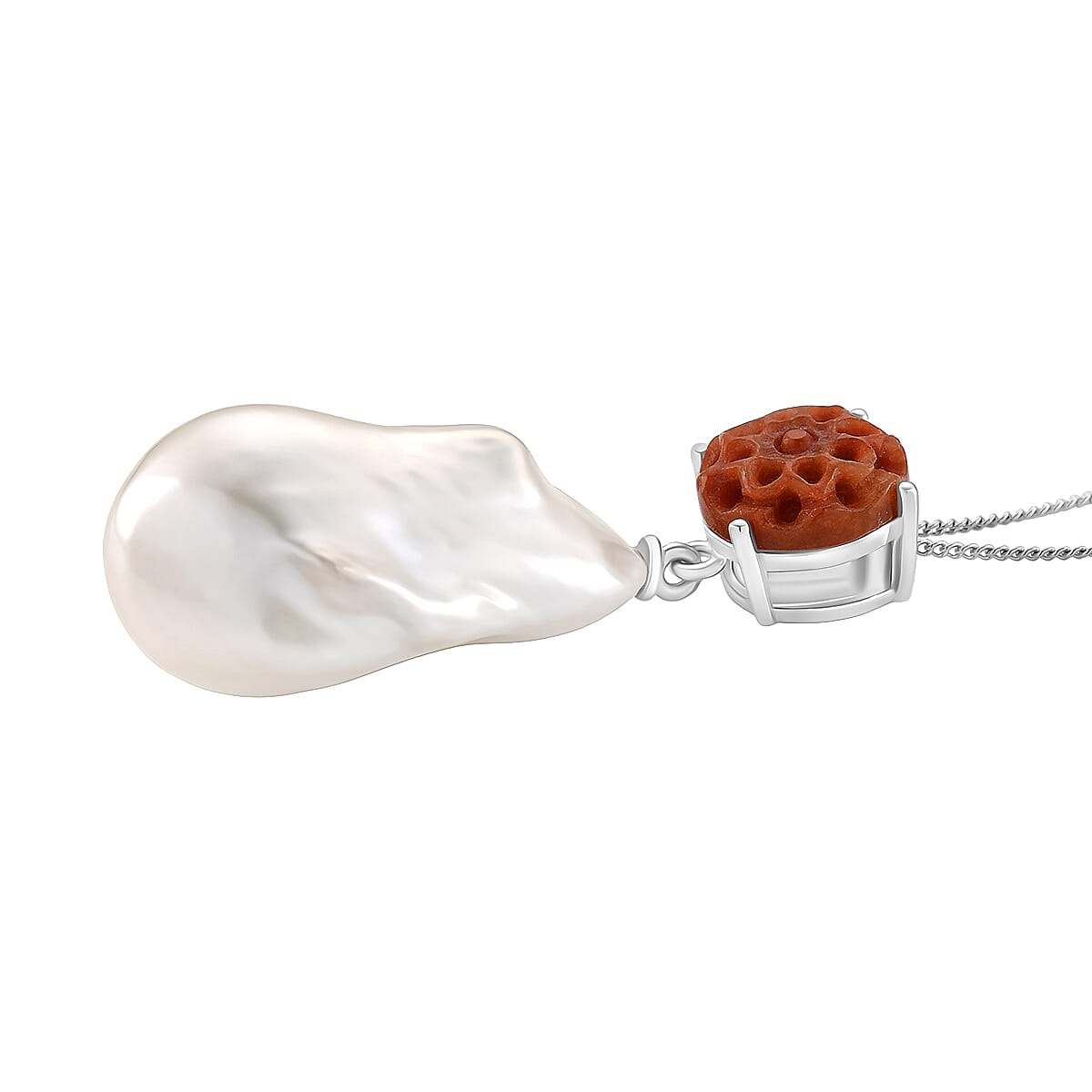 D'Joy Enhanced Red Jade & White Baroque Pearl Pendant with Chain (Size 18) in Rhodium Overlay Sterling Silver 46.33 Ct.