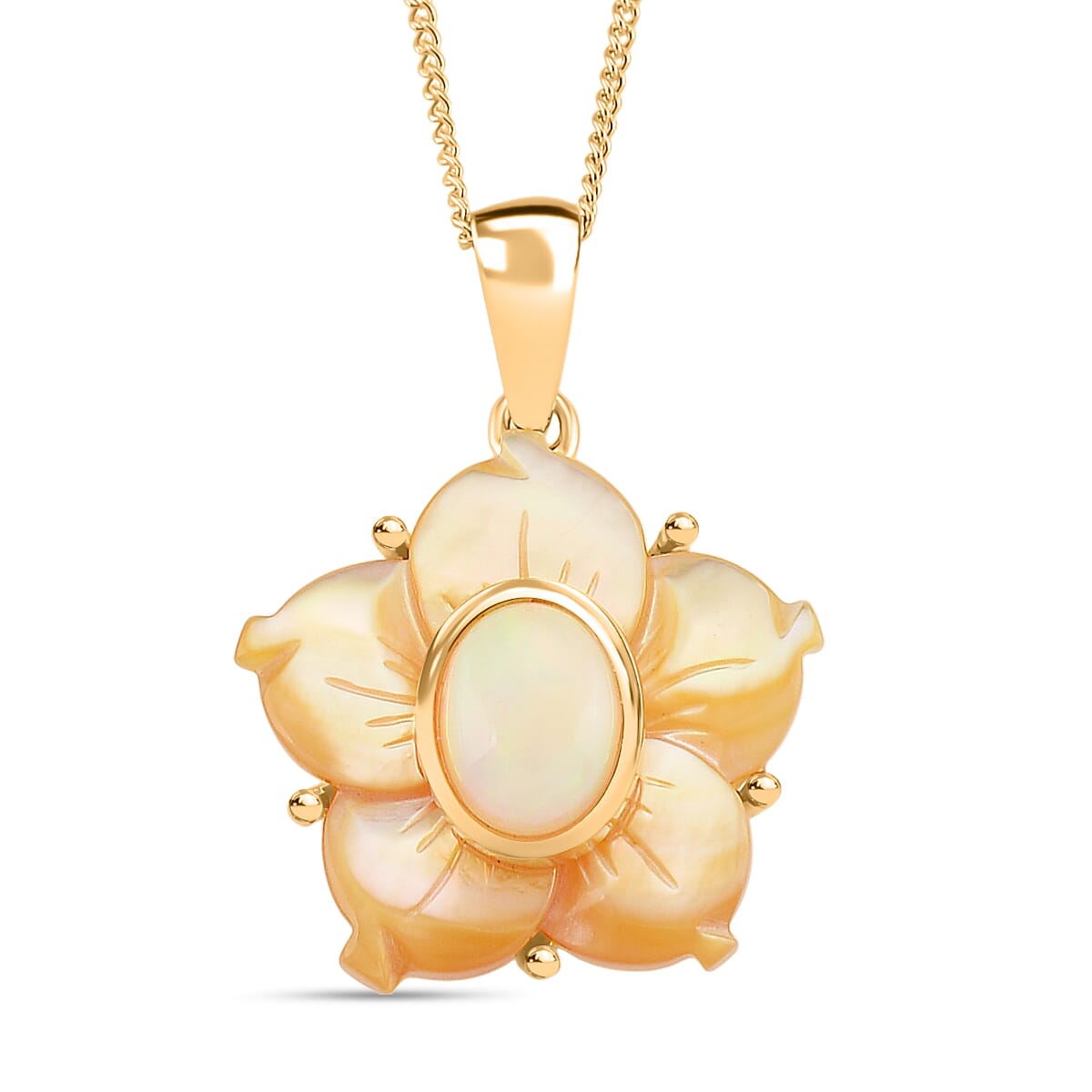 D'joy Ethiopian Opal & Yellow Mother Of Pearl Flower Pendant with Chain (Size 18) in Yellow Gold Plated Sterling Silver 6.31 Ct.
