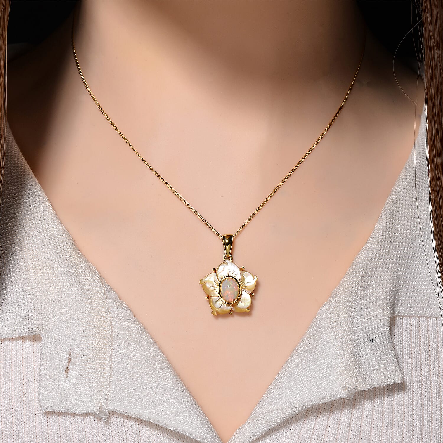 D'joy Ethiopian Opal & Yellow Mother Of Pearl Flower Pendant with Chain (Size 18) in Yellow Gold Plated Sterling Silver 6.31 Ct.