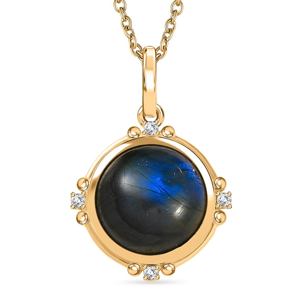 Labradorite & White Zircon Pendant with Chain (Size 20) in Yellow Gold Plated 9.84 Ct.