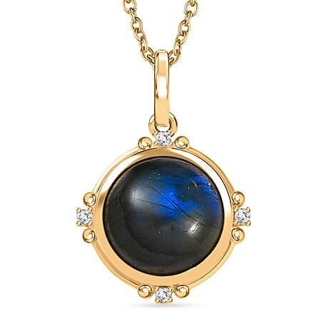 Labradorite & White Zircon Pendant with Chain (Size 20) in Yellow Gold Plated 9.84 Ct.