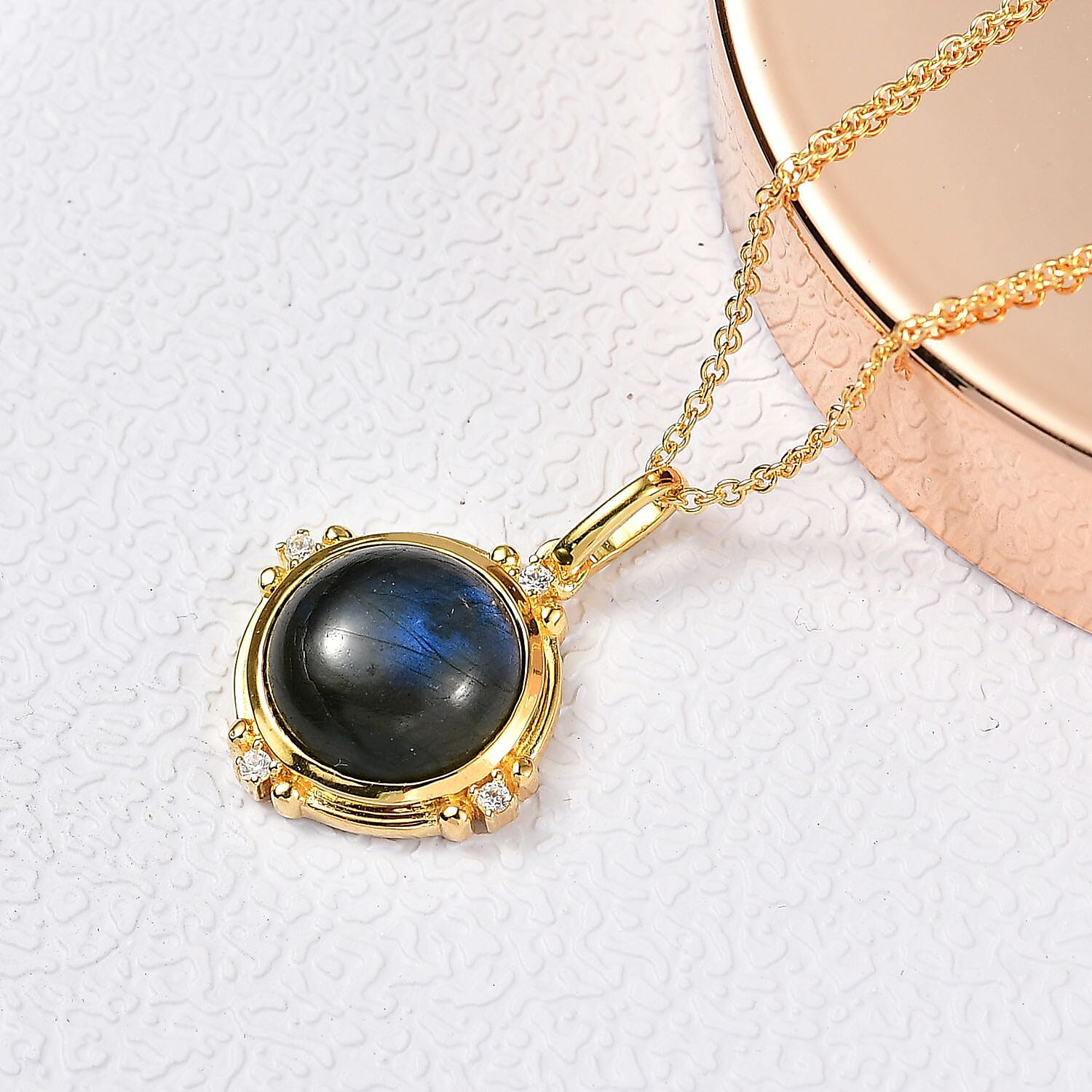 Labradorite & White Zircon Pendant with Chain (Size 20) in Yellow Gold Plated 9.84 Ct.
