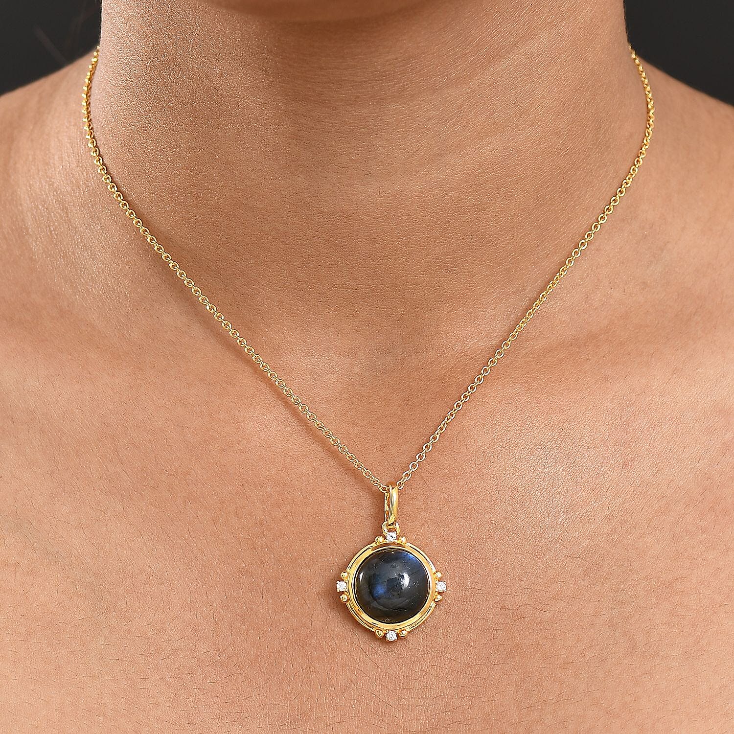 Labradorite & White Zircon Pendant with Chain (Size 20) in Yellow Gold Plated 9.84 Ct.