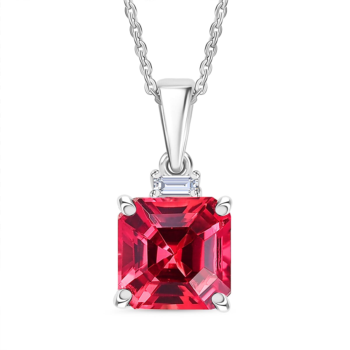 Luxuriant Lab Grown Padparadscha Sapphire & Lab Grown Diamond (SI-GH) Pendant with Chain (Size 20) in Rhodium Overlay Sterling Silver 3.49 Ct.