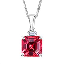 LUXURIANT Lab Grown Padparadscha Sapphire, Lab Grown Diamond (SI-GH) Pendant with Chain (Size 20) in Rhodium Overlay Sterling Silver 3.49 Ct.