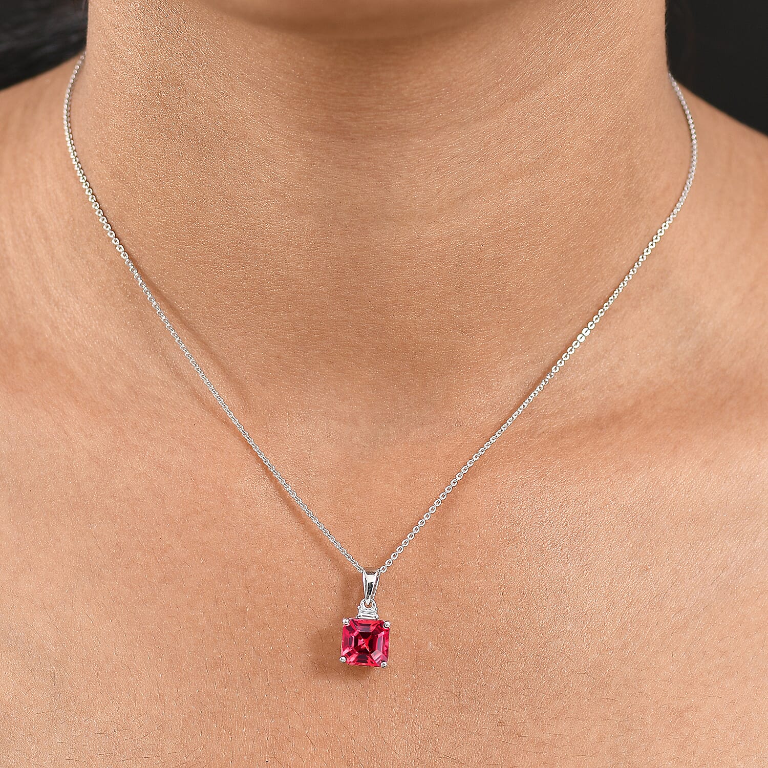 Luxuriant Lab Grown Padparadscha Sapphire & Lab Grown Diamond (SI-GH) Pendant with Chain (Size 20) in Rhodium Overlay Sterling Silver 3.49 Ct.
