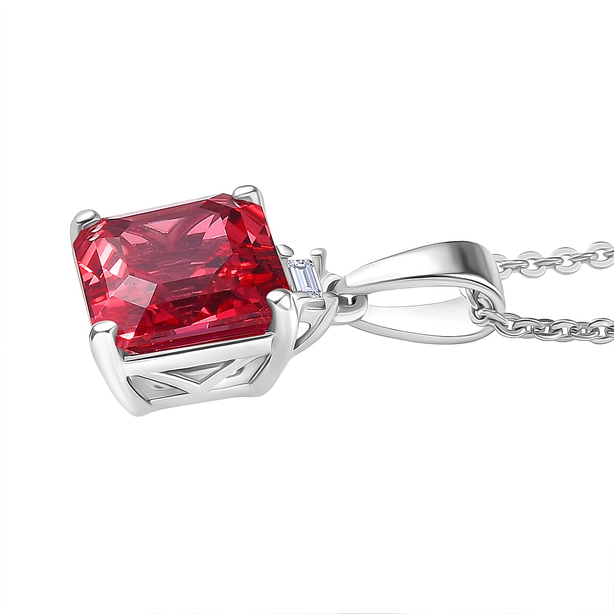 Luxuriant Lab Grown Padparadscha Sapphire & Lab Grown Diamond (SI-GH) Pendant with Chain (Size 20) in Rhodium Overlay Sterling Silver 3.49 Ct.