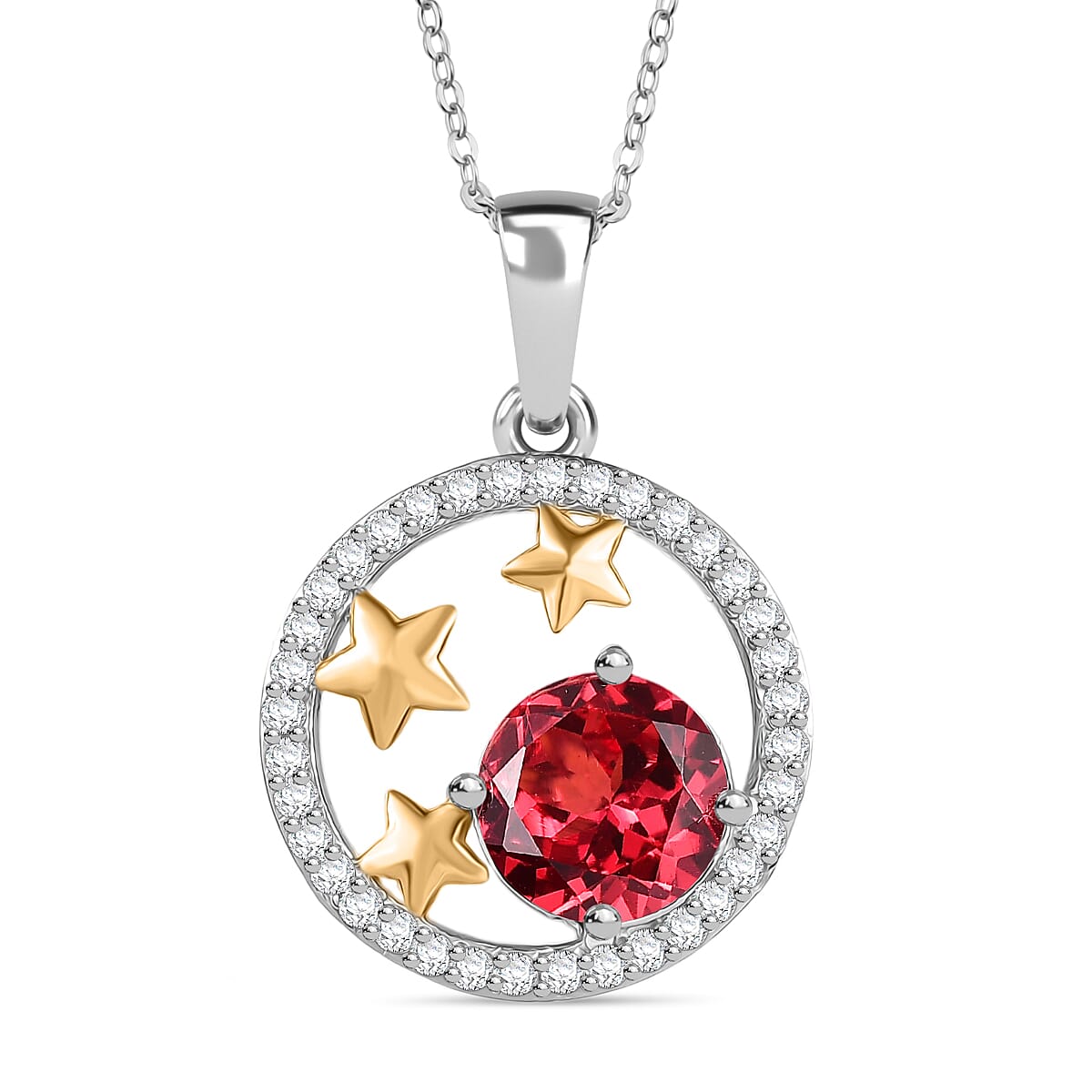 D'Joy Lab Grown Padparadscha Sapphire & White Zircon Pendant with Chain (Size 20) in Platinum Overlay Sterling Silver 3.42 Ct.