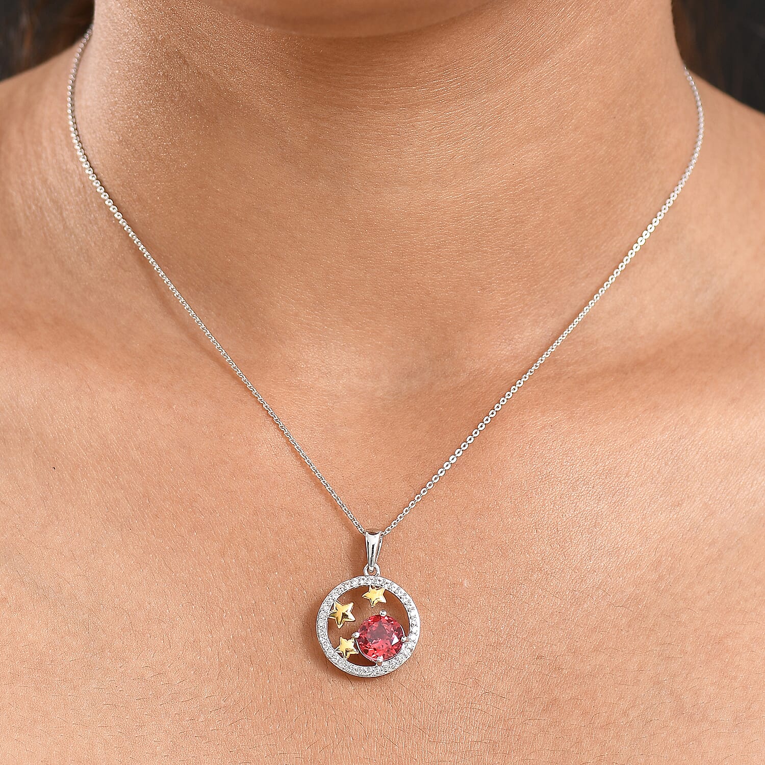 D'Joy Lab Grown Padparadscha Sapphire & White Zircon Pendant with Chain (Size 20) in Platinum Overlay Sterling Silver 3.42 Ct.