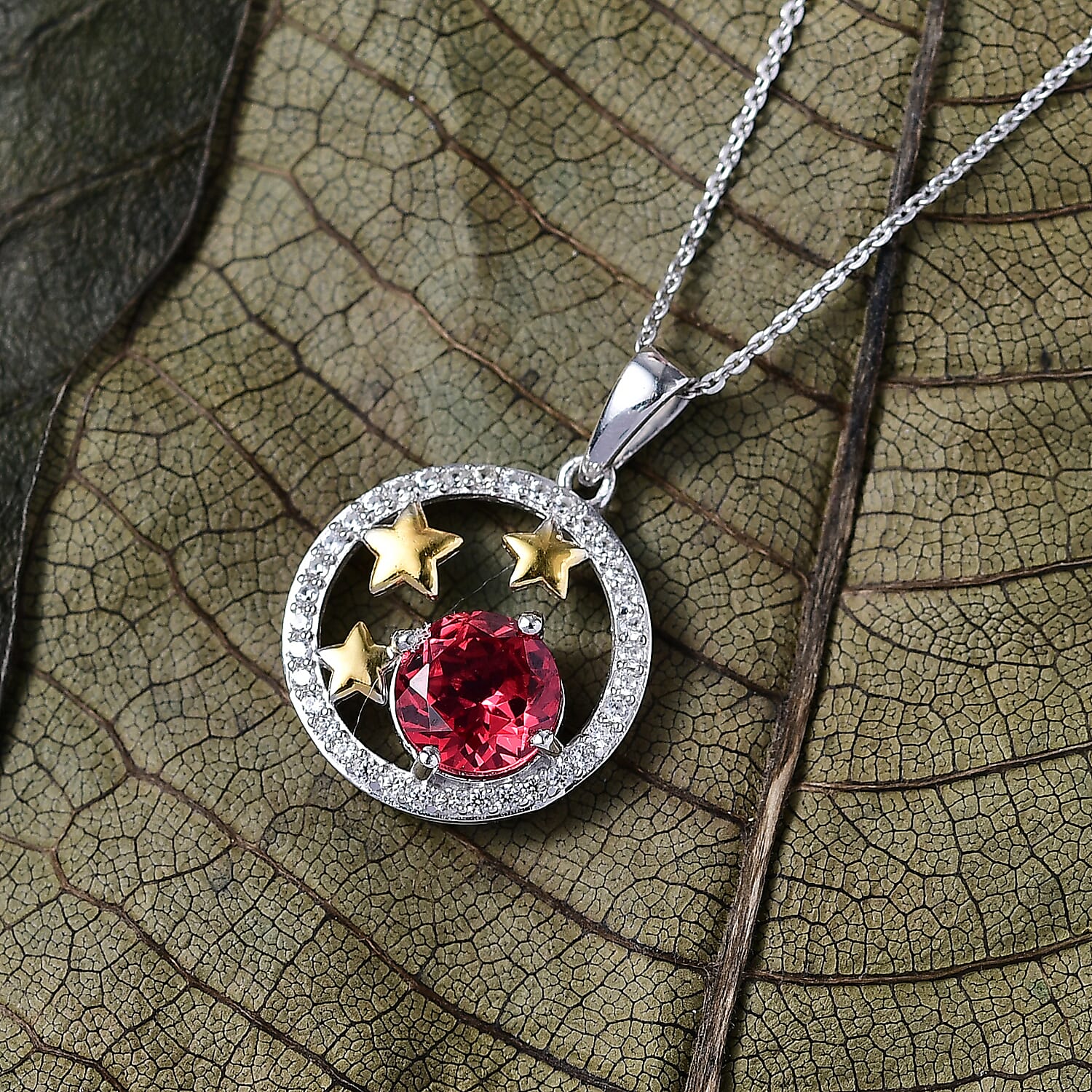 D'Joy Lab Grown Padparadscha Sapphire & White Zircon Pendant with Chain (Size 20) in Platinum Overlay Sterling Silver 3.42 Ct.