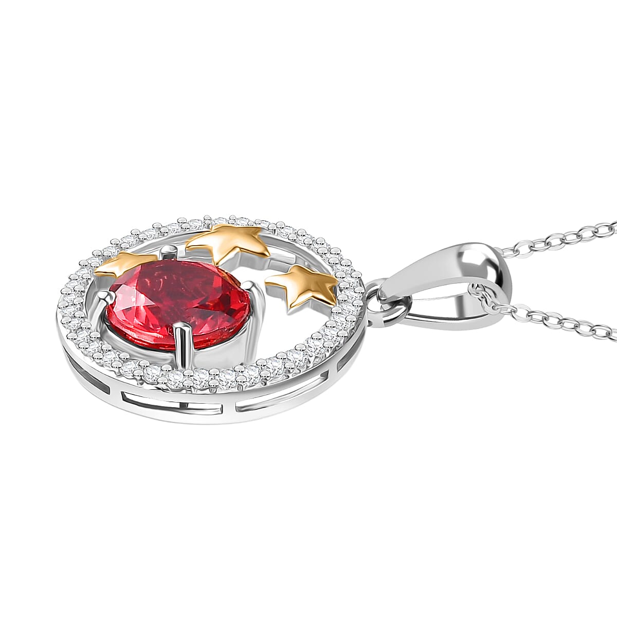 D'Joy Lab Grown Padparadscha Sapphire & White Zircon Pendant with Chain (Size 20) in Platinum Overlay Sterling Silver 3.42 Ct.