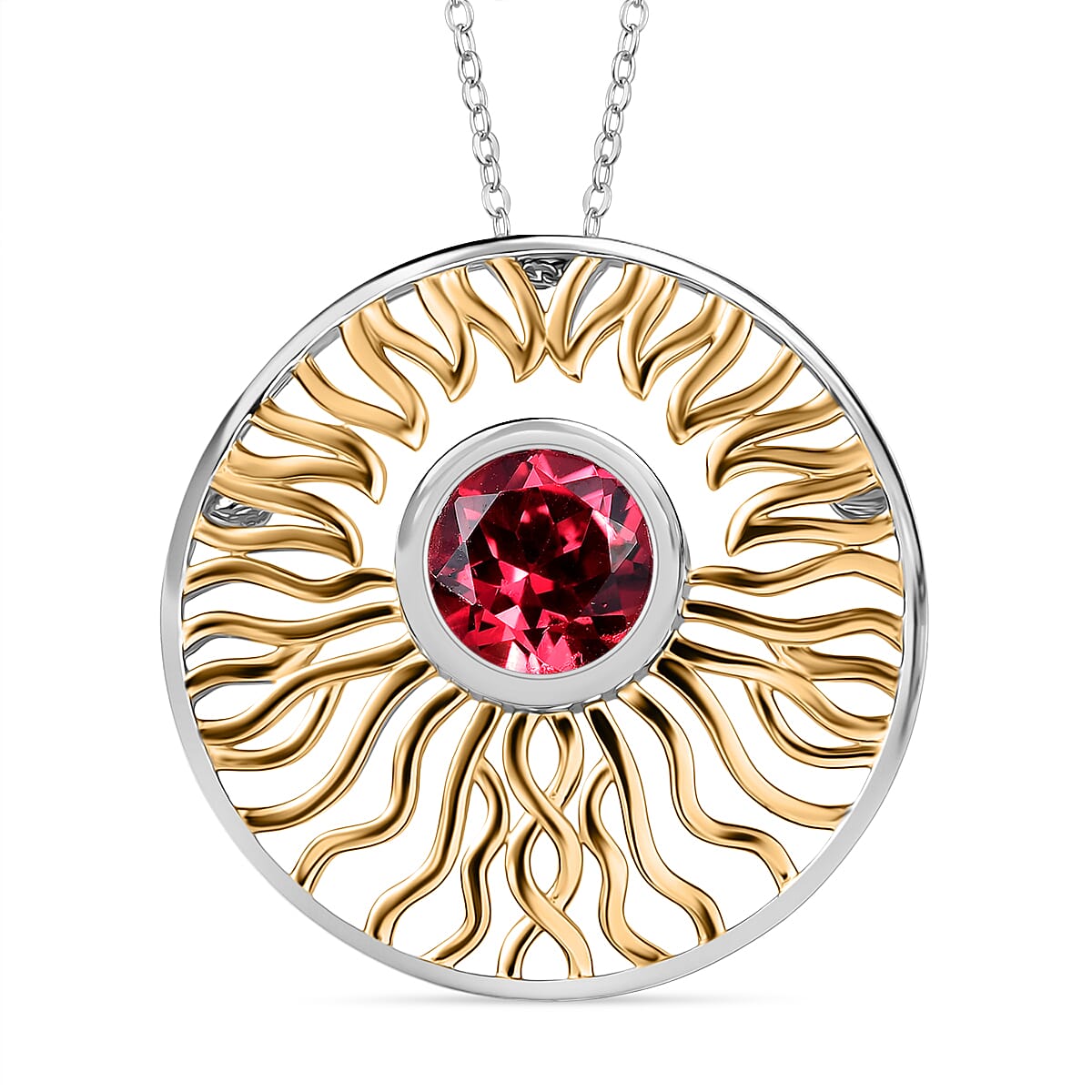 D'Joy Lab Grown Padparadscha Sapphire Pendant with Chain (Size 20) in Yellow Gold & Platinum Overlay Sterling Silver 2.80 Ct, Silver Wt. 5.96 Gms.