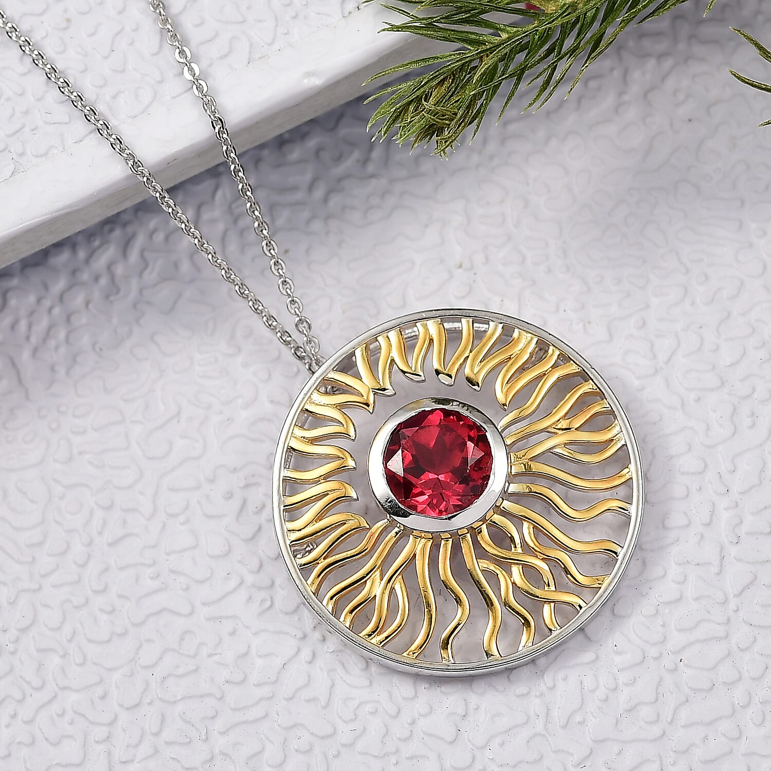 D'Joy Lab Grown Padparadscha Sapphire Pendant with Chain (Size 20) in Yellow Gold & Platinum Overlay Sterling Silver 2.80 Ct, Silver Wt. 5.96 Gms.