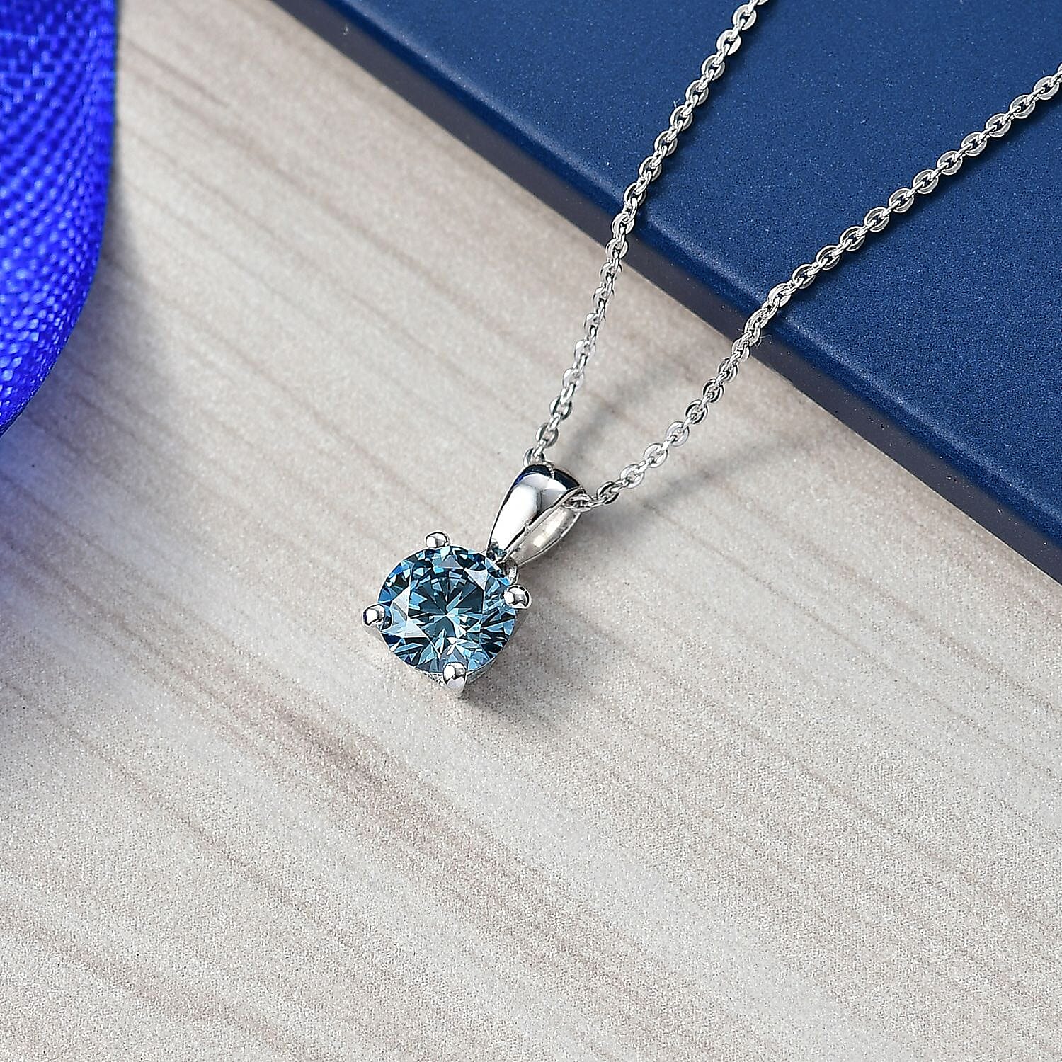 Luxuriant Lab Grown Blue Diamond (VS-E-F) Pendant with Chain (Size 20) in Rhodium Overlay Sterling Silver 1.00 Ct.