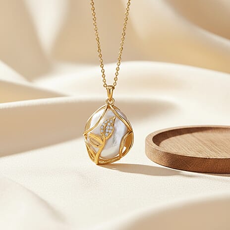 White Fresh Water Pearl & White Cubic Zirconia Pendant with Chain (Size 18-2 EXT)