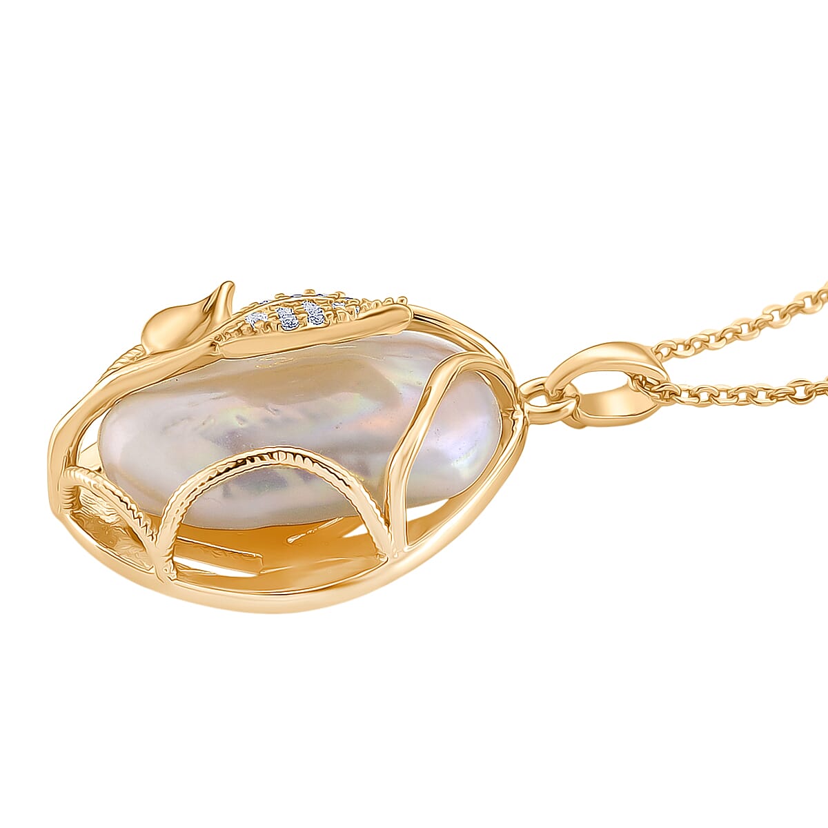 White Fresh Water Pearl & White Cubic Zirconia Pendant with Chain (Size 18-2 EXT)