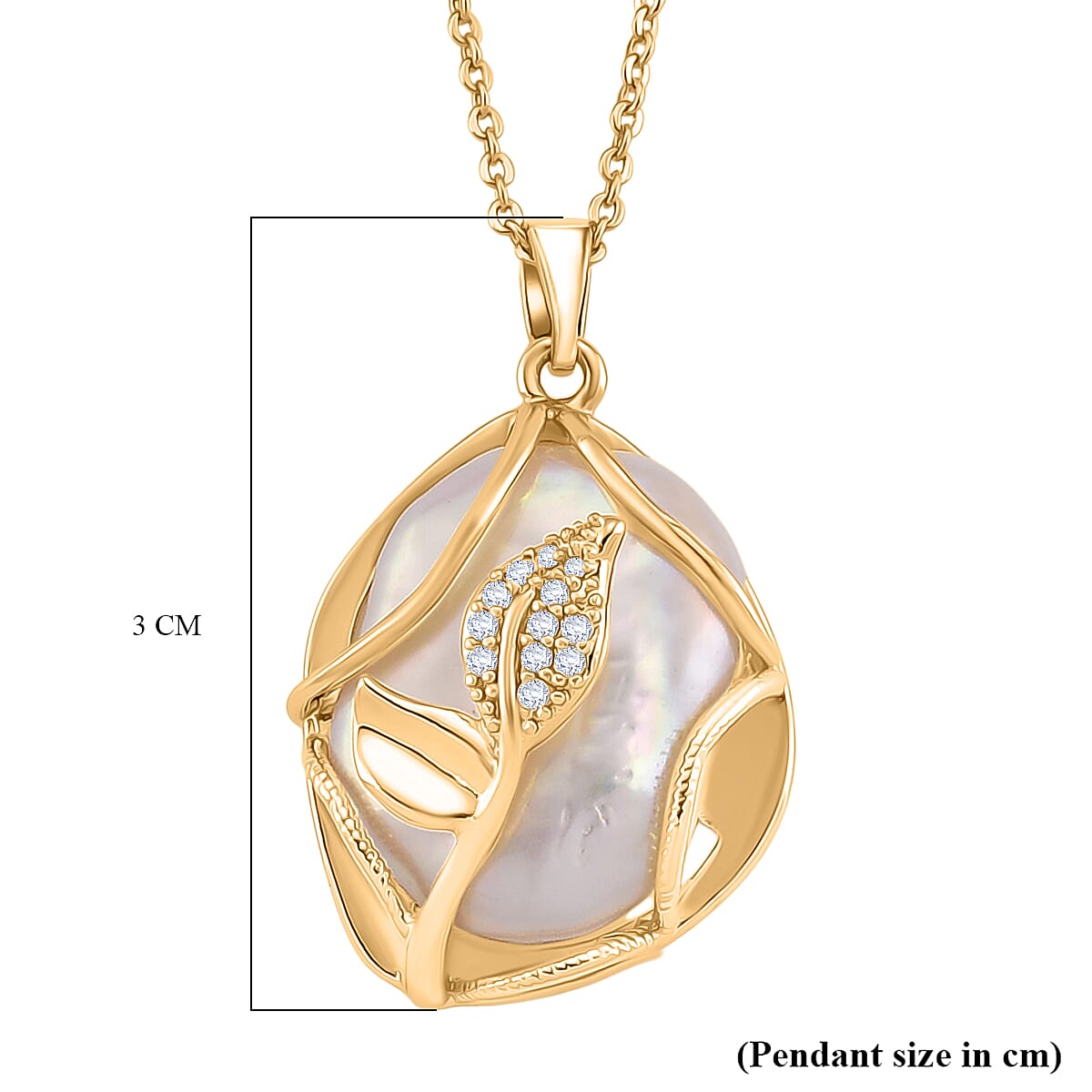 White Fresh Water Pearl & White Cubic Zirconia Pendant with Chain (Size 18-2 EXT)