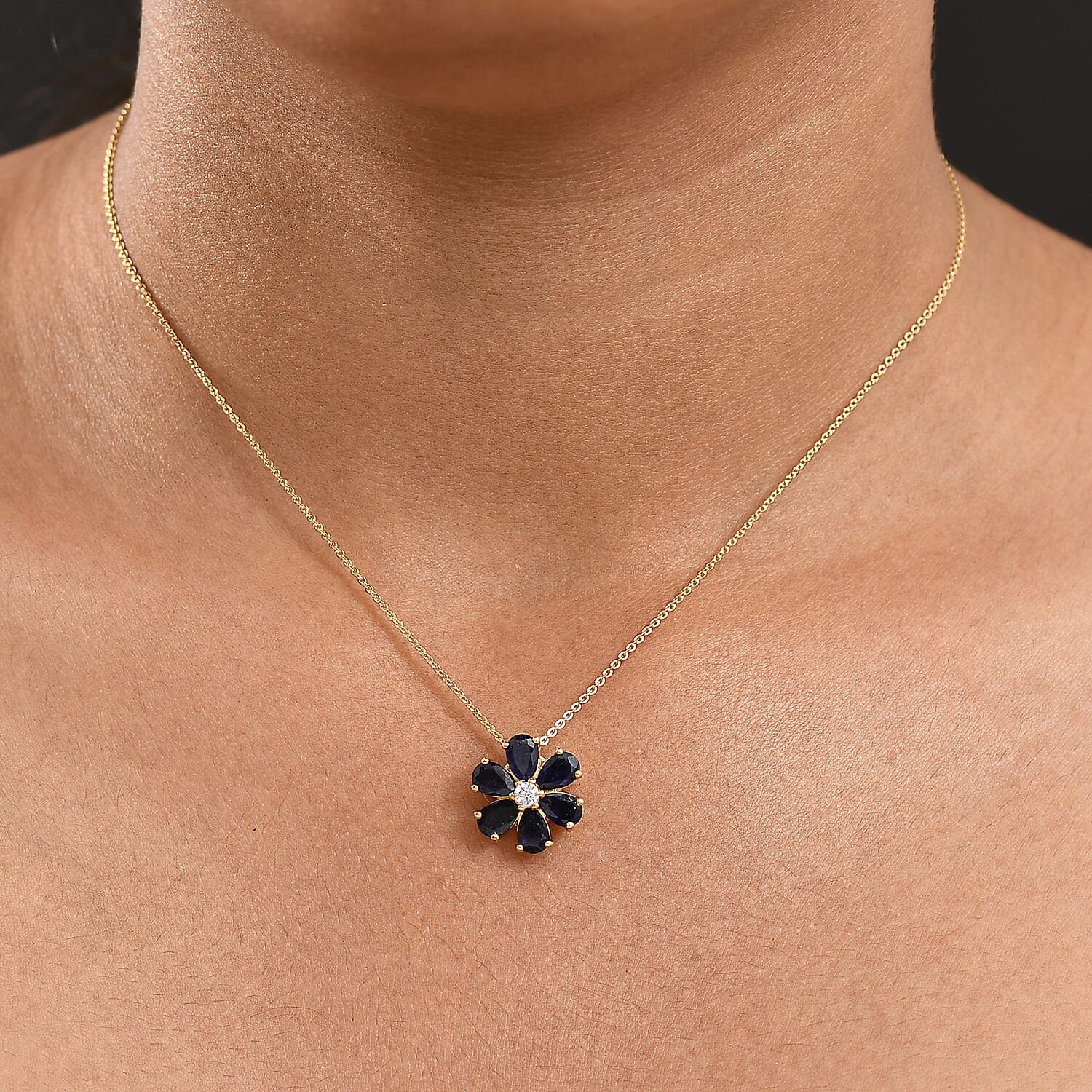 Masoala Sapphire & White Zircon Pendant with Chain (Size 20) in Yellow Gold Plated Sterling Silver 1.82 Ct.