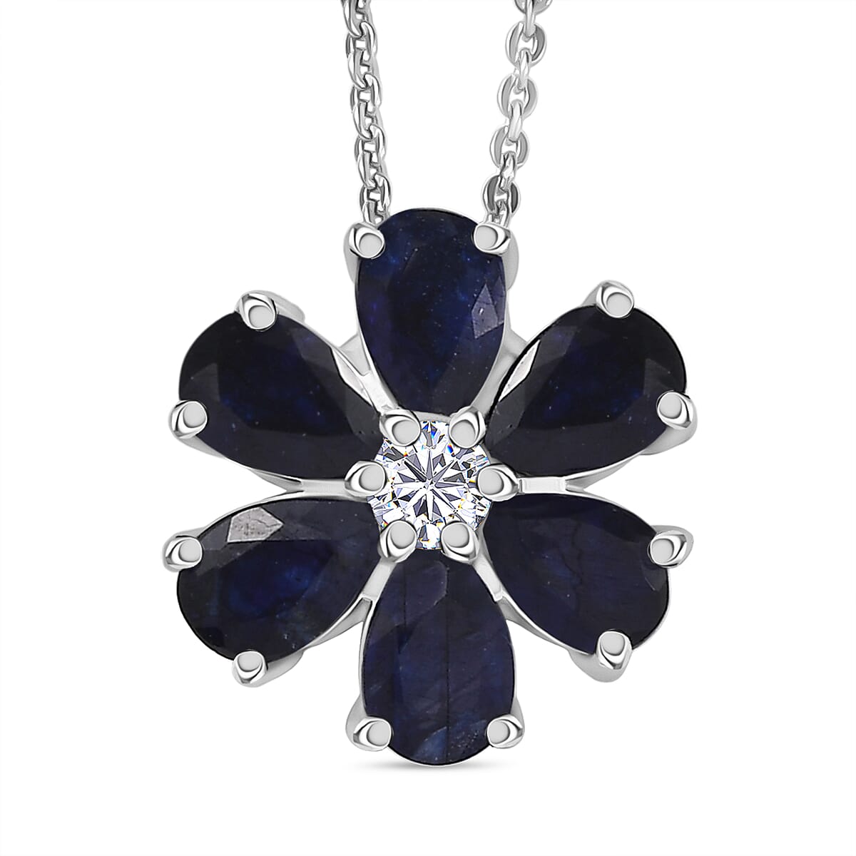 Masoala Sapphire & White Zircon Pendant with Chain (Size 20) in Platinum Overlay Sterling Silver 1.82 Ct.