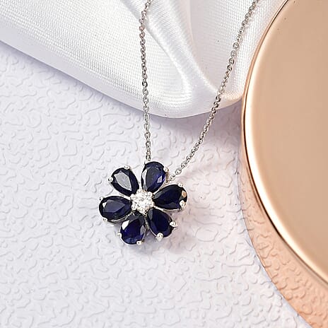 Masoala Sapphire & White Zircon Pendant with Chain (Size 20) in Platinum Overlay Sterling Silver 1.82 Ct.