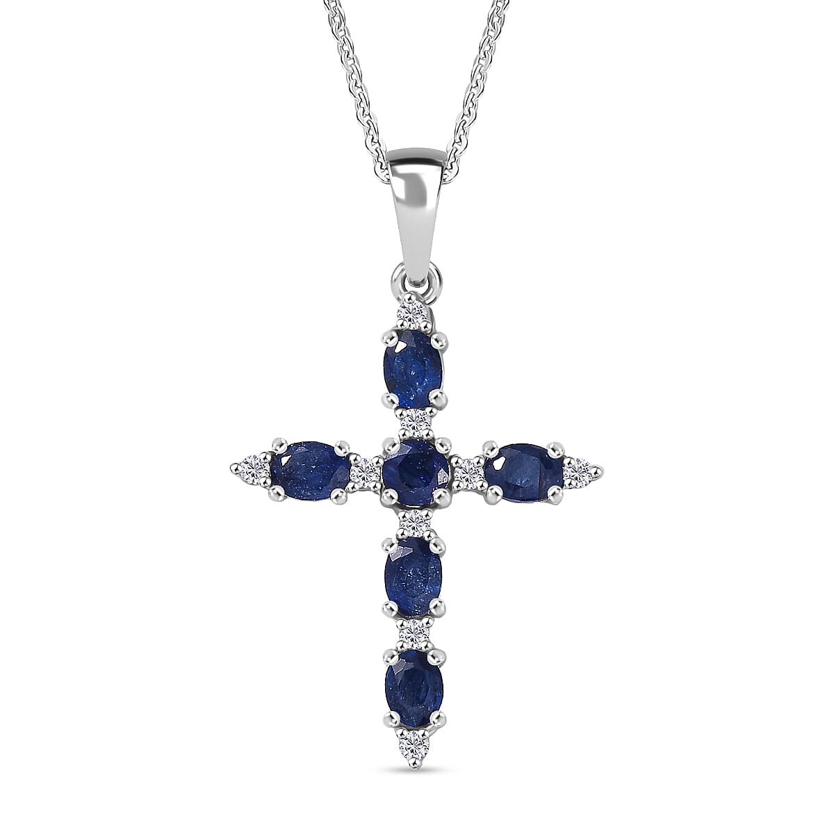 Masoala Sapphire & White Zircon Cross Pendant with Chain (Size 20) in Rhodium Overlay Sterling Silver 1.89 Ct.